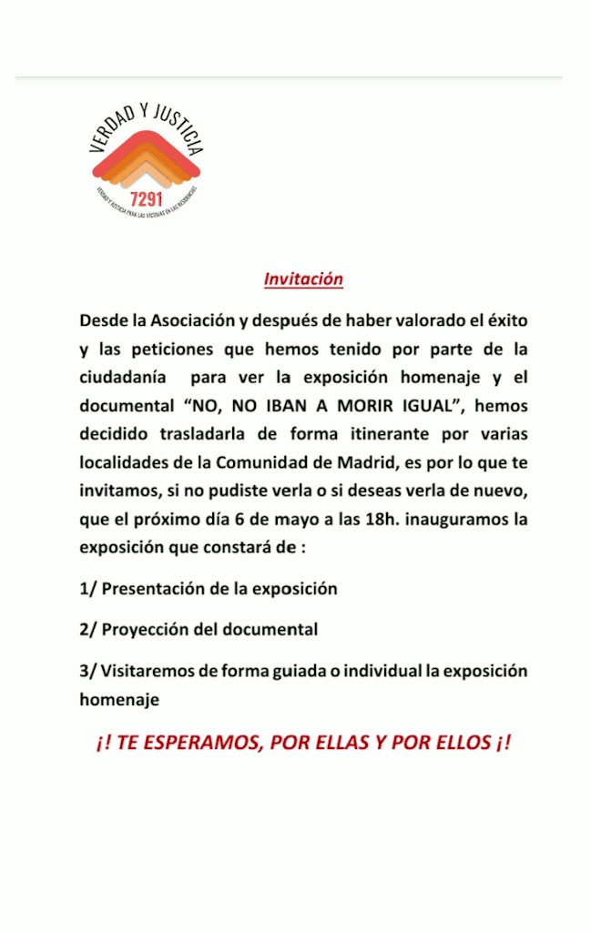 Exposición en Alcorcón 6 al 20 de mayo 2026: 7291 víctimas